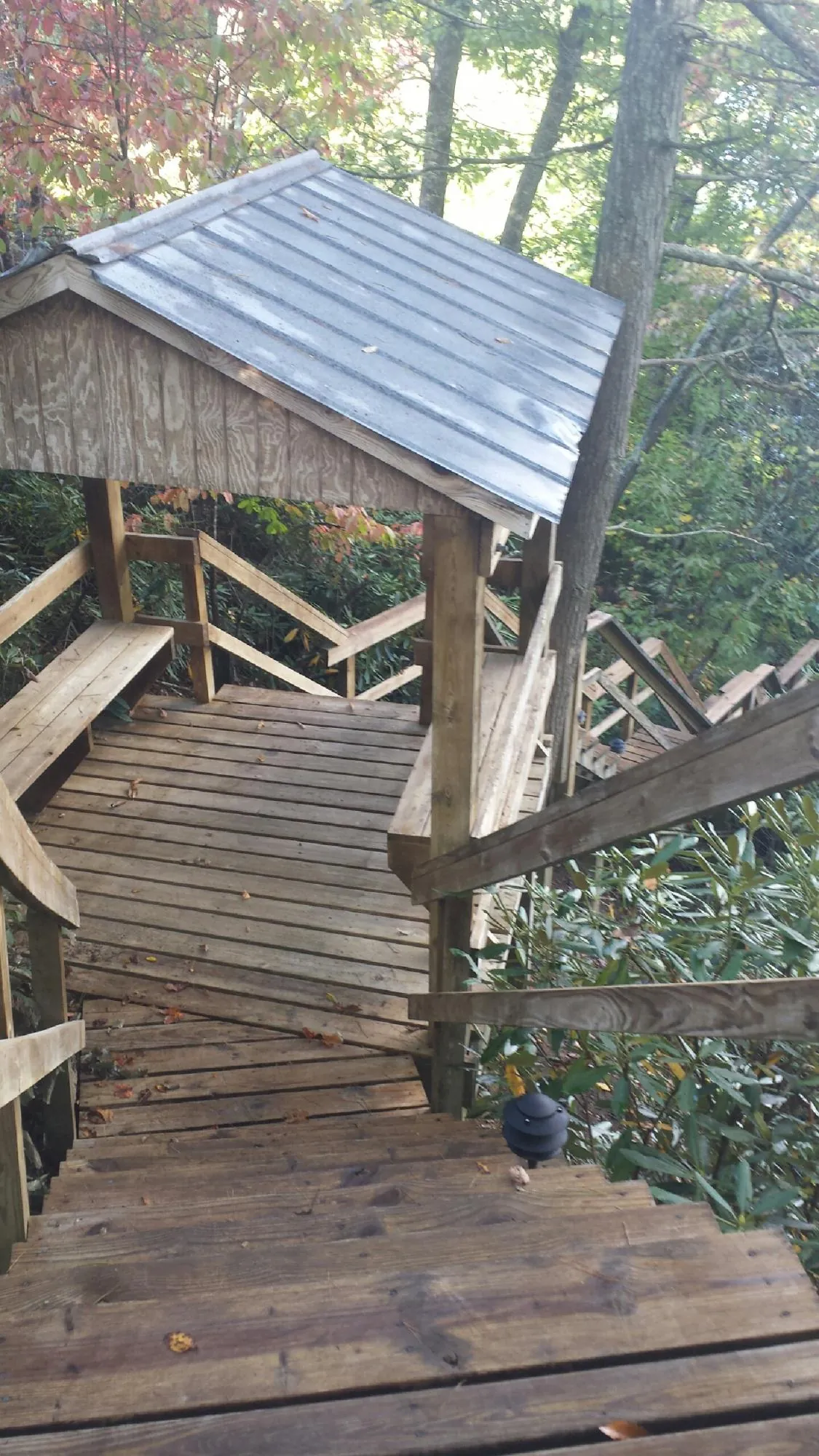 Metal roofed shelter over wooden steps on a wooded walkway — Skylight Repair & Installation work by our crew in Dodge Center